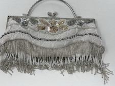 Vintage Beaded Fringe Evening Bag Ivory Sequin Rhinestone Clutch Purse Glam
