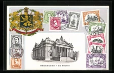CPA Brüssel / Bruxelles, La Bourse, Belgische Briefmarken, armoiries 