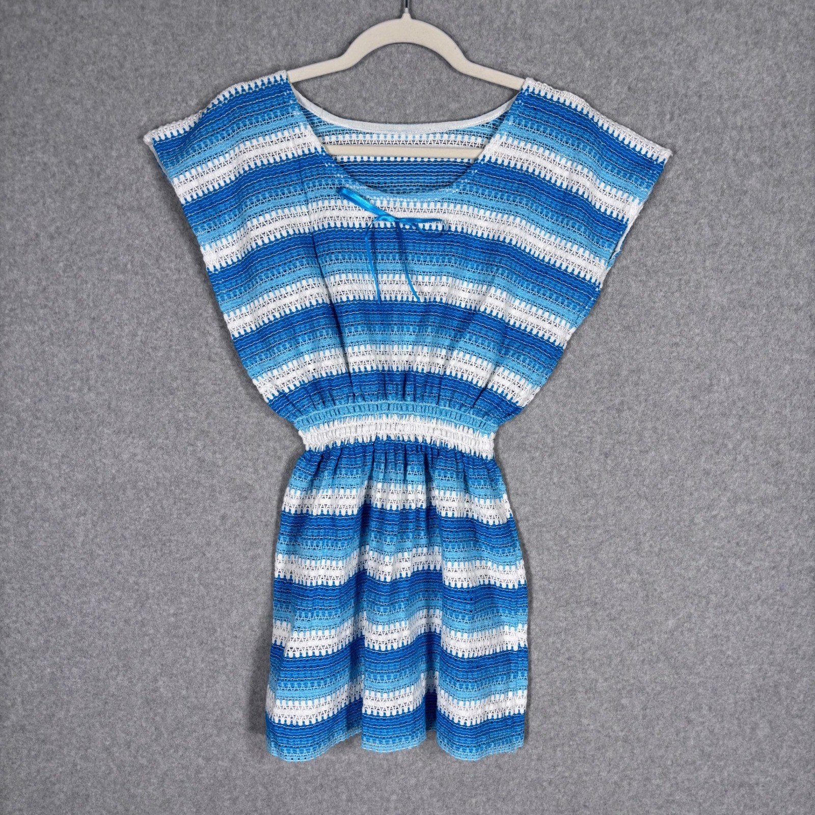 Crochet Knit Mini Dress Cover Up XS Blue White Smocked Waist Festival Vacation