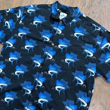 Vintage Guy Harvey Shirt Mens 2XL Blue Marlin Aftco Button Up Rayon Relaxed Fish