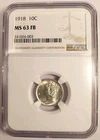 Hard to Find Philadelphia, 1918 MERCURY DIME NGC MS-63 FB, Bright White