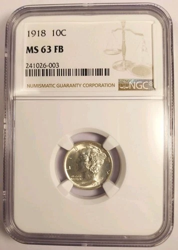 Hard to Find Philadelphia, 1918 MERCURY DIME NGC MS-63 FB, Bright White