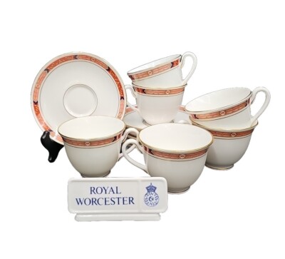 Royal Worcester BEAUFORT RUST/RED Set(s) 6 Footed Cup & Saucer Sets MINT Bone 