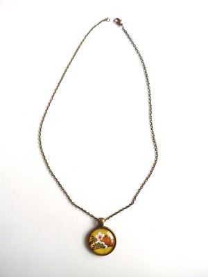 Pendentif Rond Fait-main - Motif Fleur De Prunier Du Japon Sur Fond Jaune (origami Verre) - Neuf