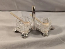 Vintage BSF Silver Condiment Caddy w/ Double Glass Bowls & Mini Serving Spoons