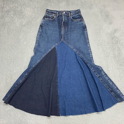 Moussy Vintage Skirt Womens 26 Blue Denim Vicksburg Denim Long Frayed Hem Modest