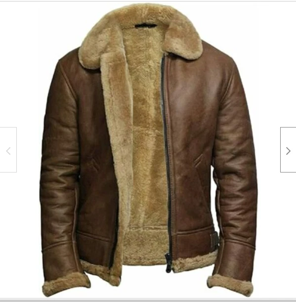 Brown B3 RAF Bomber Aviator Pilot Flying Fur Shearling Sheep Leather Jacket Mens