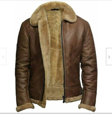 Brown B3 RAF Bomber Aviator Pilot Flying Fur Shearling Sheep Leather Jacket Mens