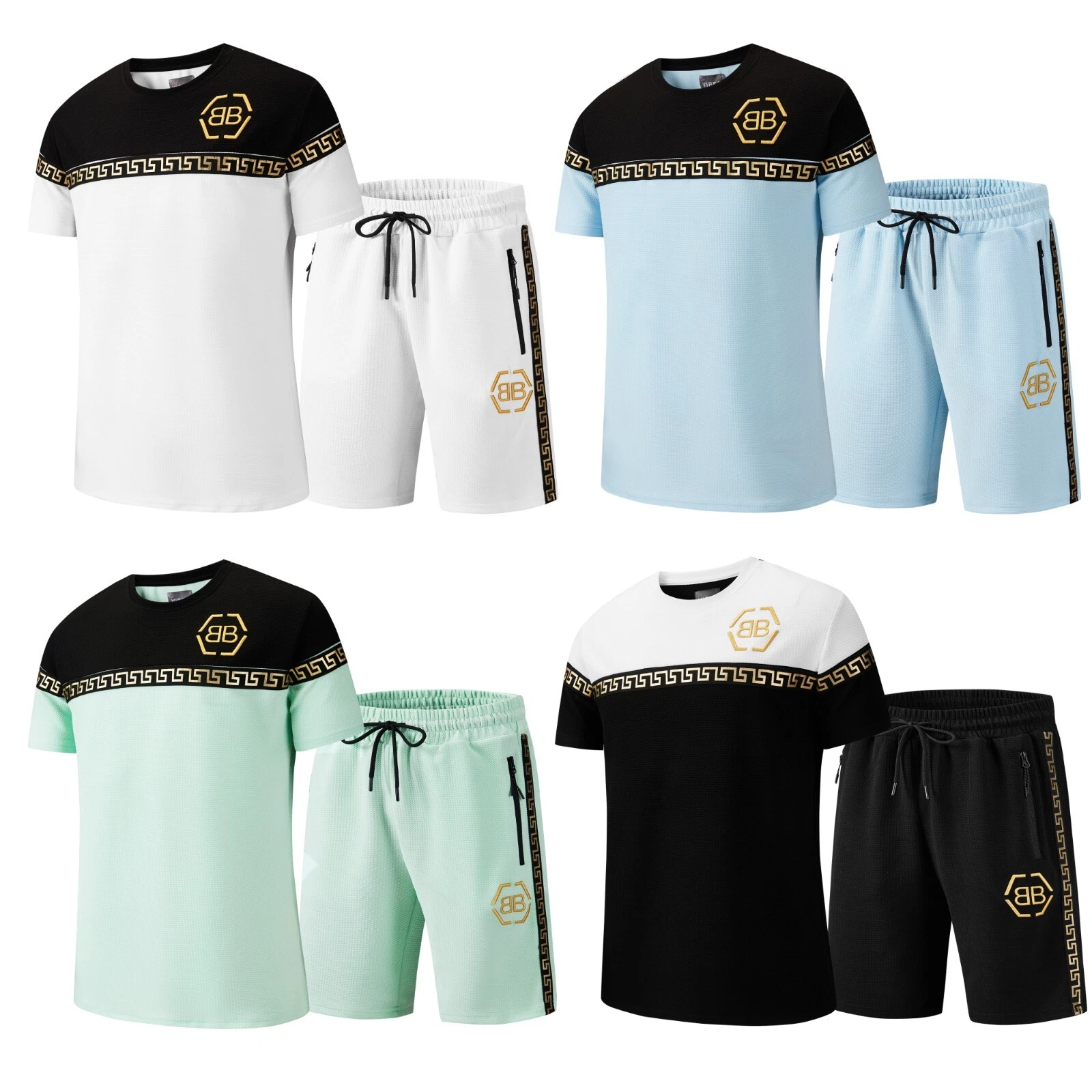 New Mens T Shirt + Shorts Set BB Textured Waffle Material Tracksuit Summer
