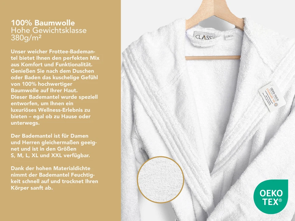 Bademantel Damen Herren Saunamantel Morgenmantel Kapuze Frottee Baumwolle Unisex - Bild 3 von 4