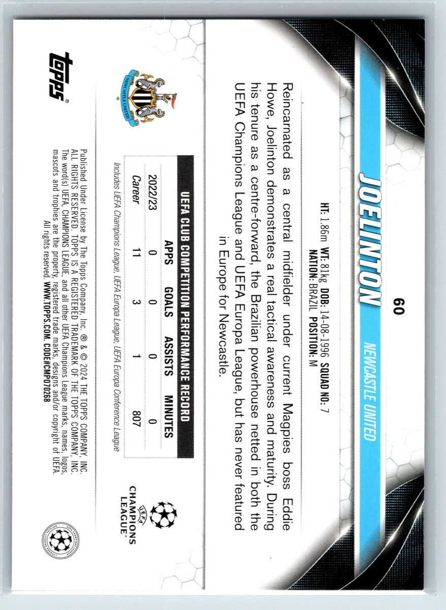 Joelinton 2024 Topps UEFA Gold Starball Foil Newcastle United #60