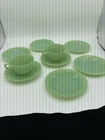 Fire King Jadeite Jade Green Ribbed Coffee Tea Cups & Saucers - 2 cups 7 saucers