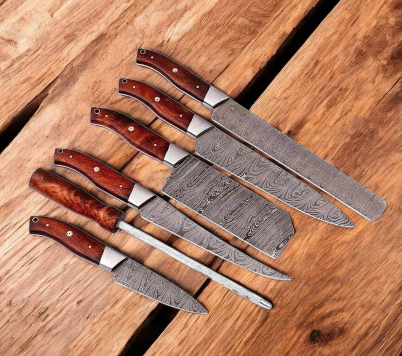 Handmade 6 Damascus Steel BBQ Kitchen Chef knife set with leather roll bag,