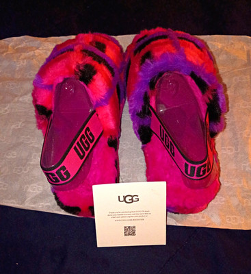 UGG Funkette Women's Slide Slippers Plaid Faux Fur Pink/Purple/Black US 7