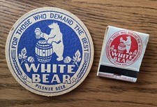 VTG WHITE BEAR PILSNER BEER Coaster & Matchbook.~White Bear Brewing Thornton IL