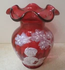 FENTON Cranberry Glass Hand Painted Vase Signed Boy & His Dog # 86/2350