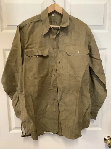 Vtg 1943 WWII Wool Gas Flap Army Military Button Uniform Shirt Flannel 15 1/2 34
