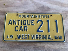 1968 West Virginia Antique Car License Plate #211 Year Make Registration Tag