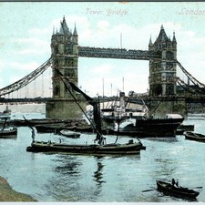 c1900s London Tower Bridge Welsh Glitter Postcard River Thames Steamship Barges