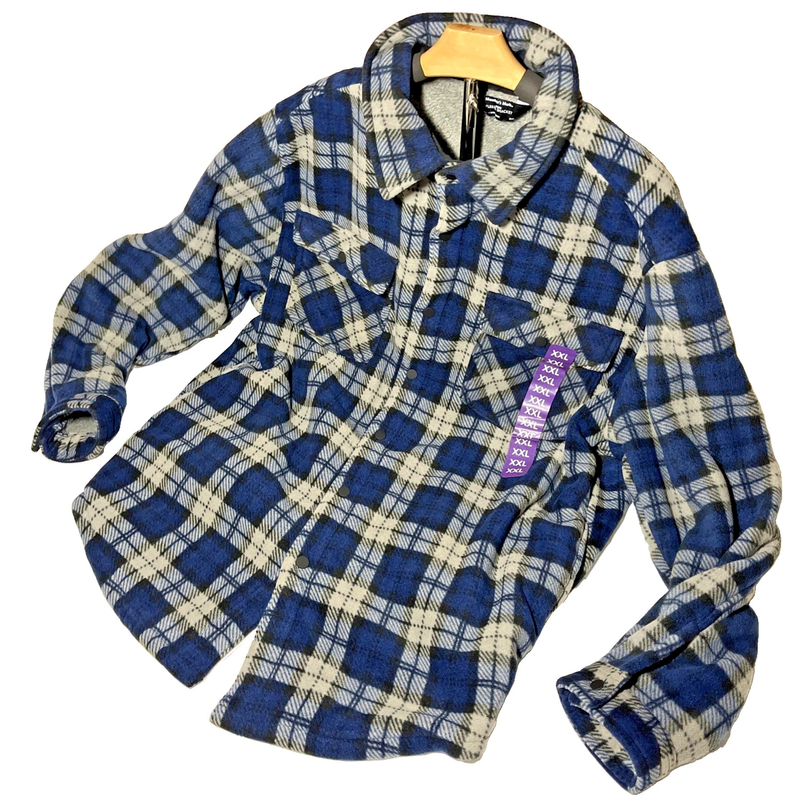 NWT Members Mark Fleece Sherpa Shacket Jacket Plaid Blue Workwear Pockets 2XL - product detail image 7