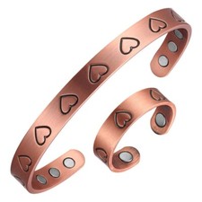 Heart Pure Copper Magnetic Bangle Bracelet Set Balance Energy Arthritis Love Joy