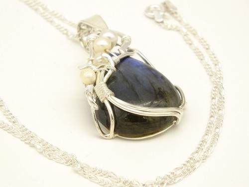 Labradorite gemstone & real Pearls Sterling Silver large Pendant Necklace - Picture 6 of 8