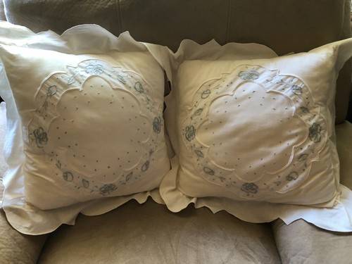 Set of 2 White JCPenney Pillows 15 x 16 in. w ruffle & blue floral embroidery - Picture 11 of 11
