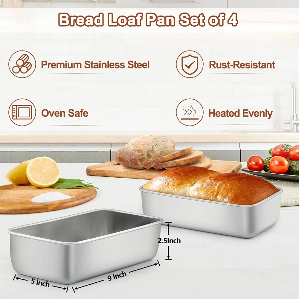 LIANYU 4 Pack Loaf Pans for Baking Bread, 9x5 Inch Bread Pan, Silver