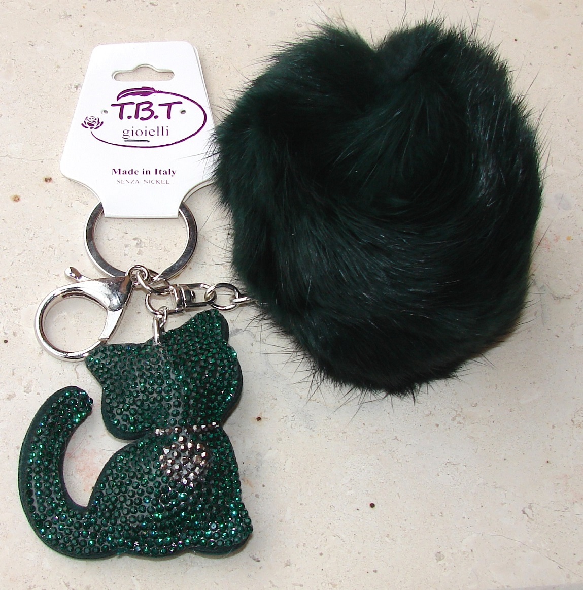 Brillante Gato Gatito 3D Pompón Llavero Suerte, Colgante Bolsa Pedrería