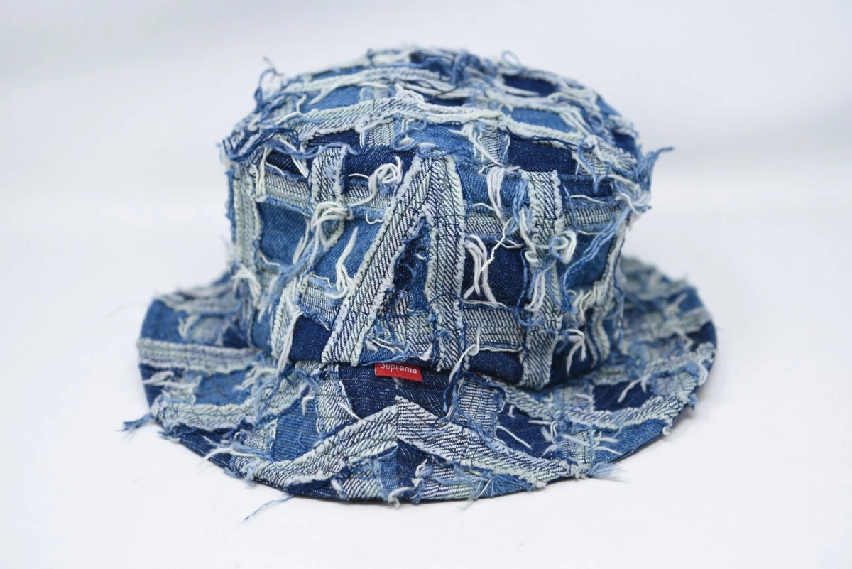 SUPREME Frayed Patchwork Busted Seam Blue Denim Crusher Hat Size S