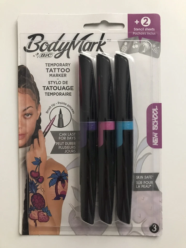 BodyMark by BIC temporäre Tattoo Marker Hautfarbe 3 Farben + 2 Schablonen NEU