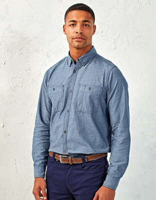 Premier Workwear Men´s Organic Chambray Fairtrade Long Sleeve Shirt 2 Farben (C)