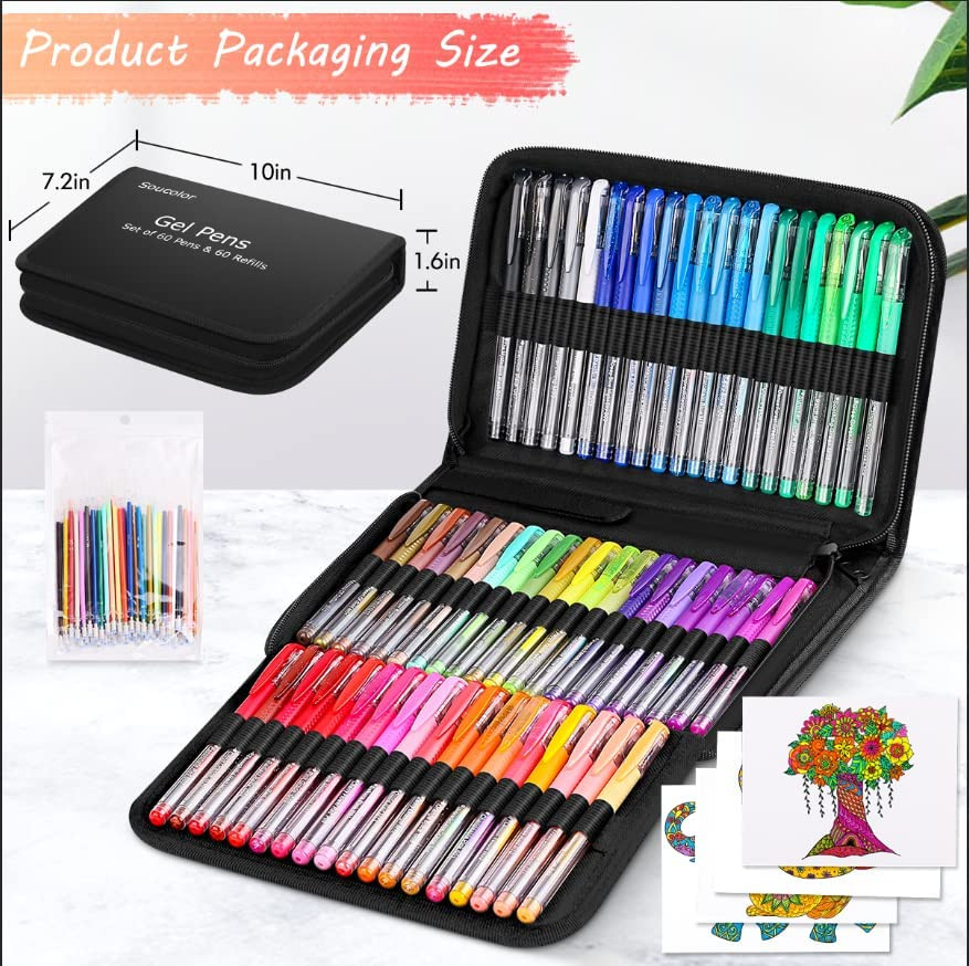 Gel Pens for Adult Coloring Books, Deluxe 120 Pack-60 Colored Gel Pens, 60 Refil