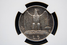 Moneta Argento 5 Lire R 1927, Italia, Vittorio Emanuele III, NGC AU DETTAGLI
