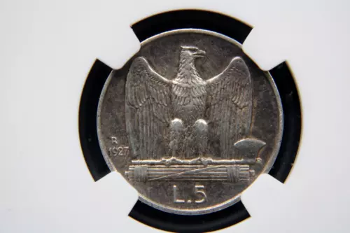 1927 R 5 Lire Silver coin, Italy, Vittorio Emanuele III, NGC AU DETAILES