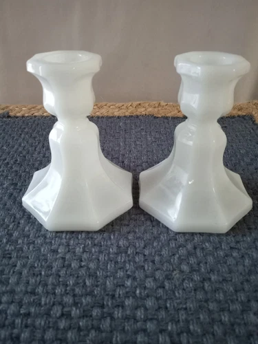 Vintage Anchor Hocking milk glass octagon fluted taper candle holder, set of 2
