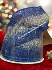 Sparkly Glitter Blue  Silver Wired Edge Sheer Ribbon 2.5x 30 Ft Christmas New