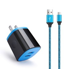 Android Charger Fast Charging Micro USB Cable 6ft Nylon Cord Wall Plug Blue