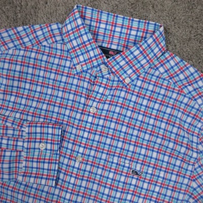 Vineyard Vines Shirt Mens Small Blue Red Plaid Performance Tucker Button Up EUC