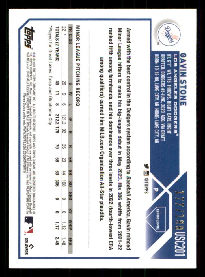 2023 Topps Chrome Update Aqua Refractors #USC201 Gavin Stone /199 - Image 2 of 2