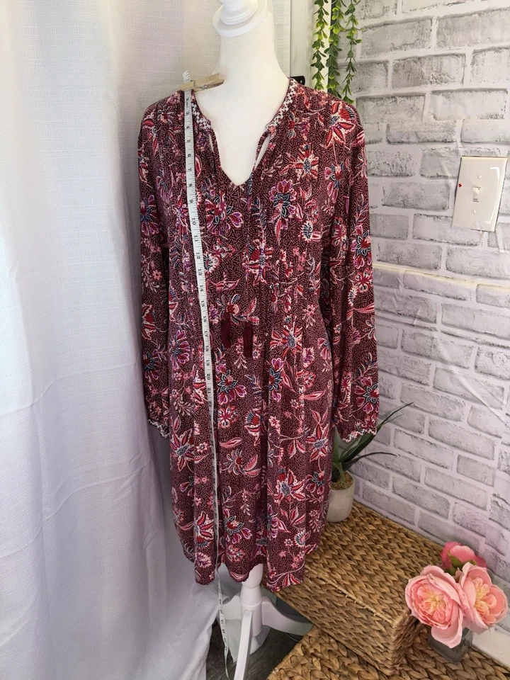 New Old Navy Pleated Floral Boho Tie Neck Dress Women's Size XL - Image 2 of 4