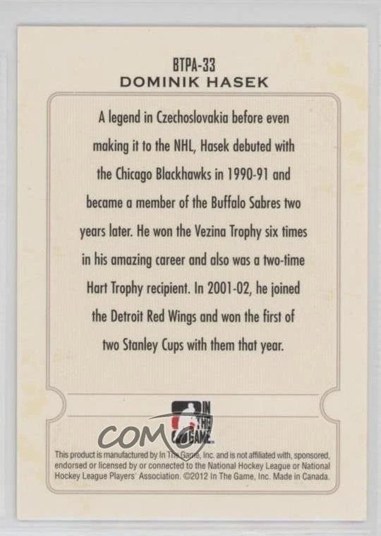2011-12 ITG Between the Pipes 10th Anniversary Dominik Hasek #BTPA-33 HOF - Image 2 of 2