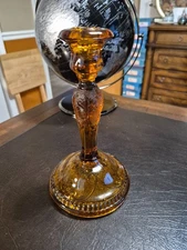 Tiara Indiana Glass Amber Sandwich Pattern Candlestick Holder Vintage 8.5" Tall