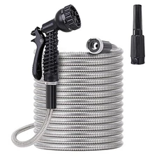 Metal Garden Hose 50 ft - Stainless Steel Water Hose with 2 Nozzles, Lightwei...