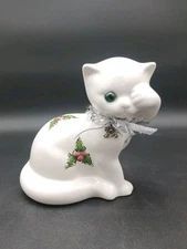 Elpa Alcobaca Made in Portugal White Ceramic Cat With Blue Eyes Christmas Holly