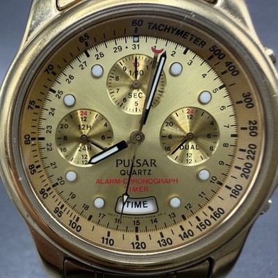 SEIKOクォーツ腕時計 シルバー ゴールド Seiko Pulsar Chronograph Watch Men 39mm Gold Dial Gold Alarm Date