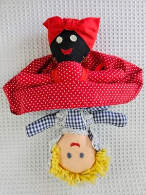 Vintage Topsy Turvy Folk Art Dark & Light Skin Rag Doll 2 in 1 Reversible  14''