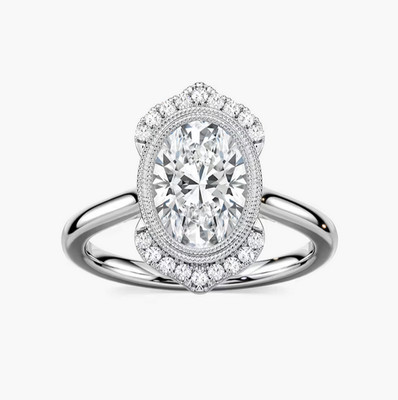 Oval Lab Grown Diamond Double Halo Scalloped Cathedral Silver Band Vintage
