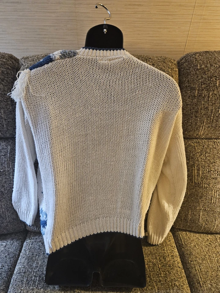 Cárdigan Suéter Western Vintage Años 80 L Azul Crema Flecos Tejido a Mano Abotonado Foto 3 de 4