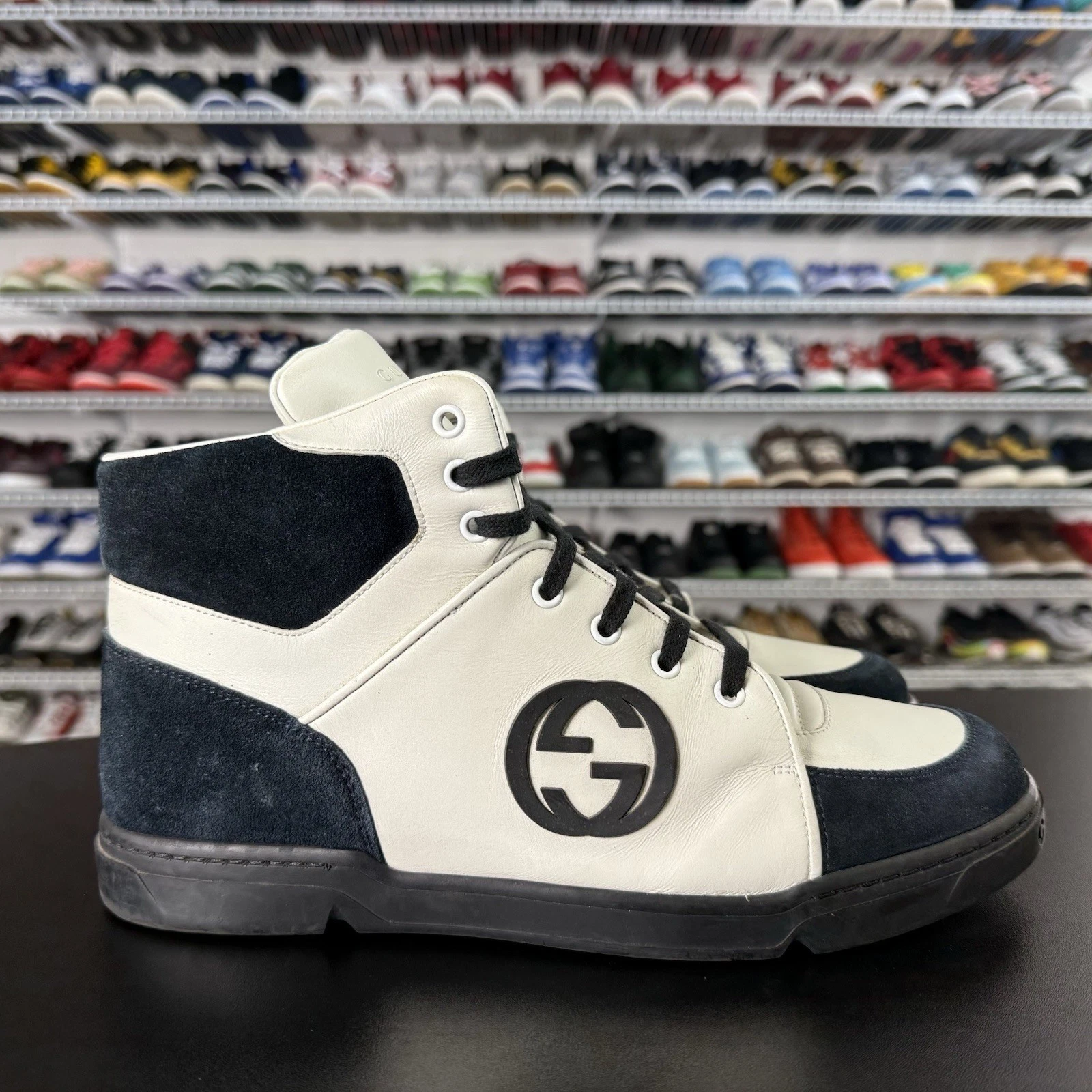 Gucci High Trainer cuir blanc daim marine homme taille US 10,5